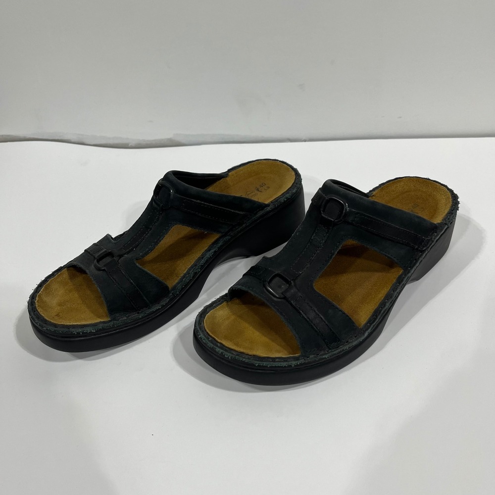 Naot Black Genuine Leather Wedge Slide Sandals Women 40 9 Comfort Slip On Resort - Picture 2 of 7